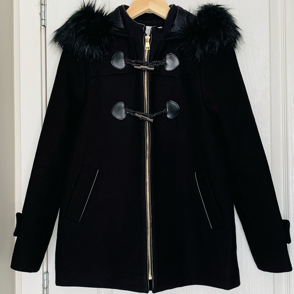 I.VY Wool Blend Coat with Faux‎ Fur Hood Jacket, Size M - Classic Minimalist